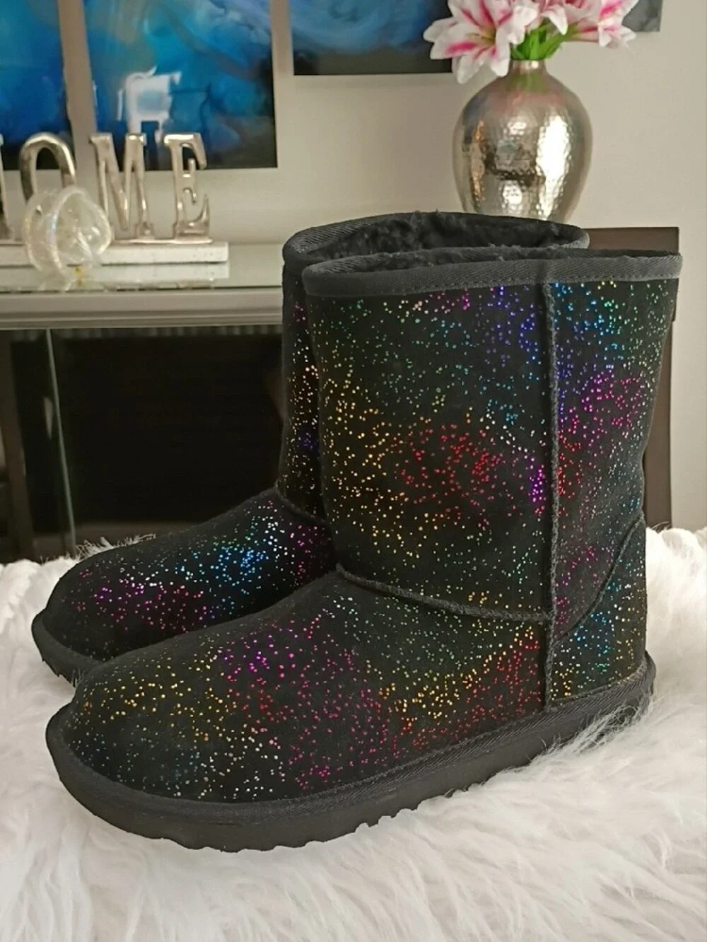 New UGG Classic II Shimmer Sky Glitter Boots in Black Rainbow Glitter